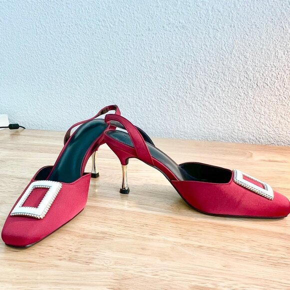 Women's 8US Jewel Tone Red Slingback Square Toe Buckle Embellished Stiletto Heel - Picture 7 of 8